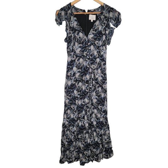 Cinq A Sept Size 4 Black Blue Button V-Neck Maxi Lisette Dress - Picture 2 of 5